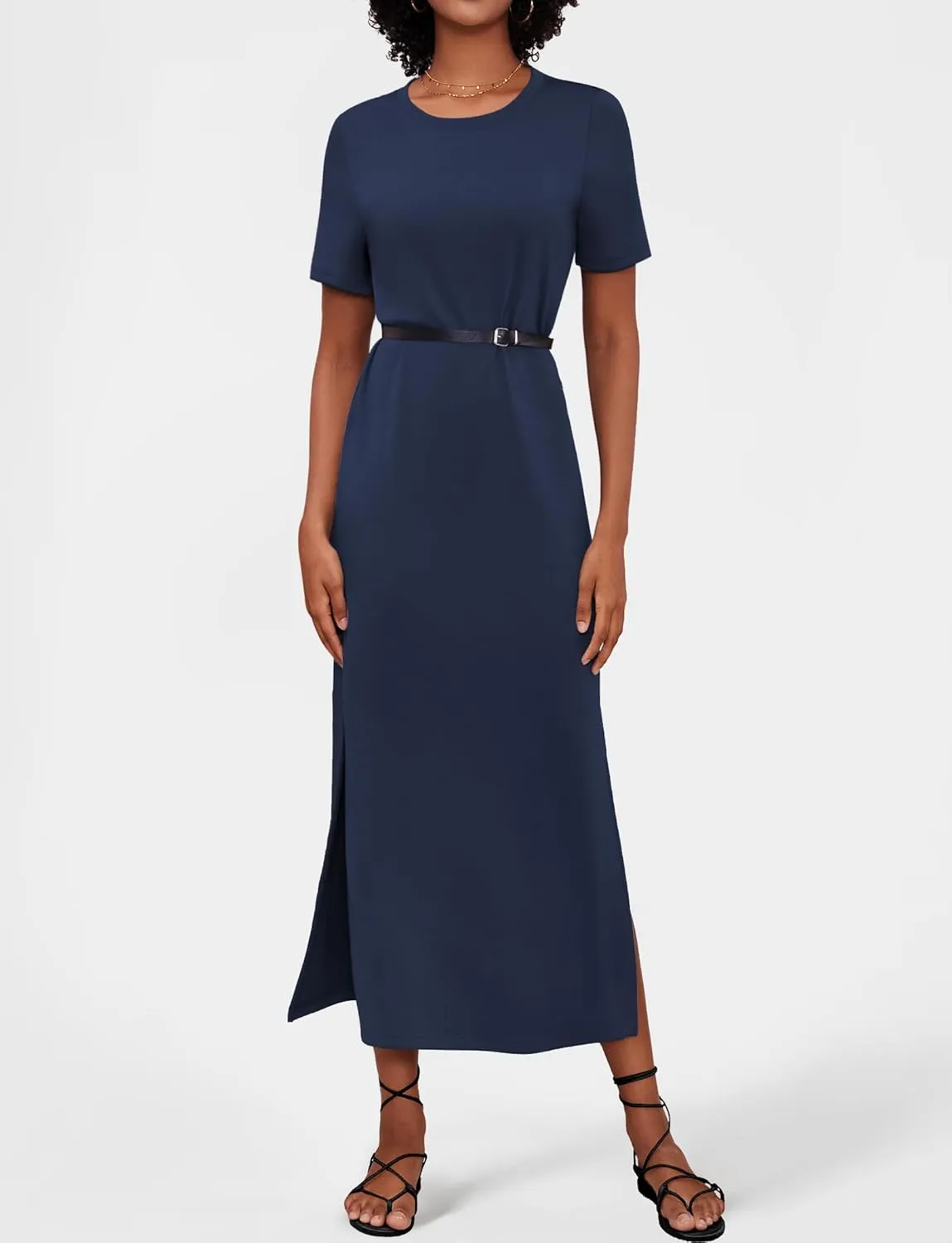 Women's Short Sleeve Double Split Maxi Dress 2025 Summer Casual Plain Striped Loose Long T Shirt Dresses