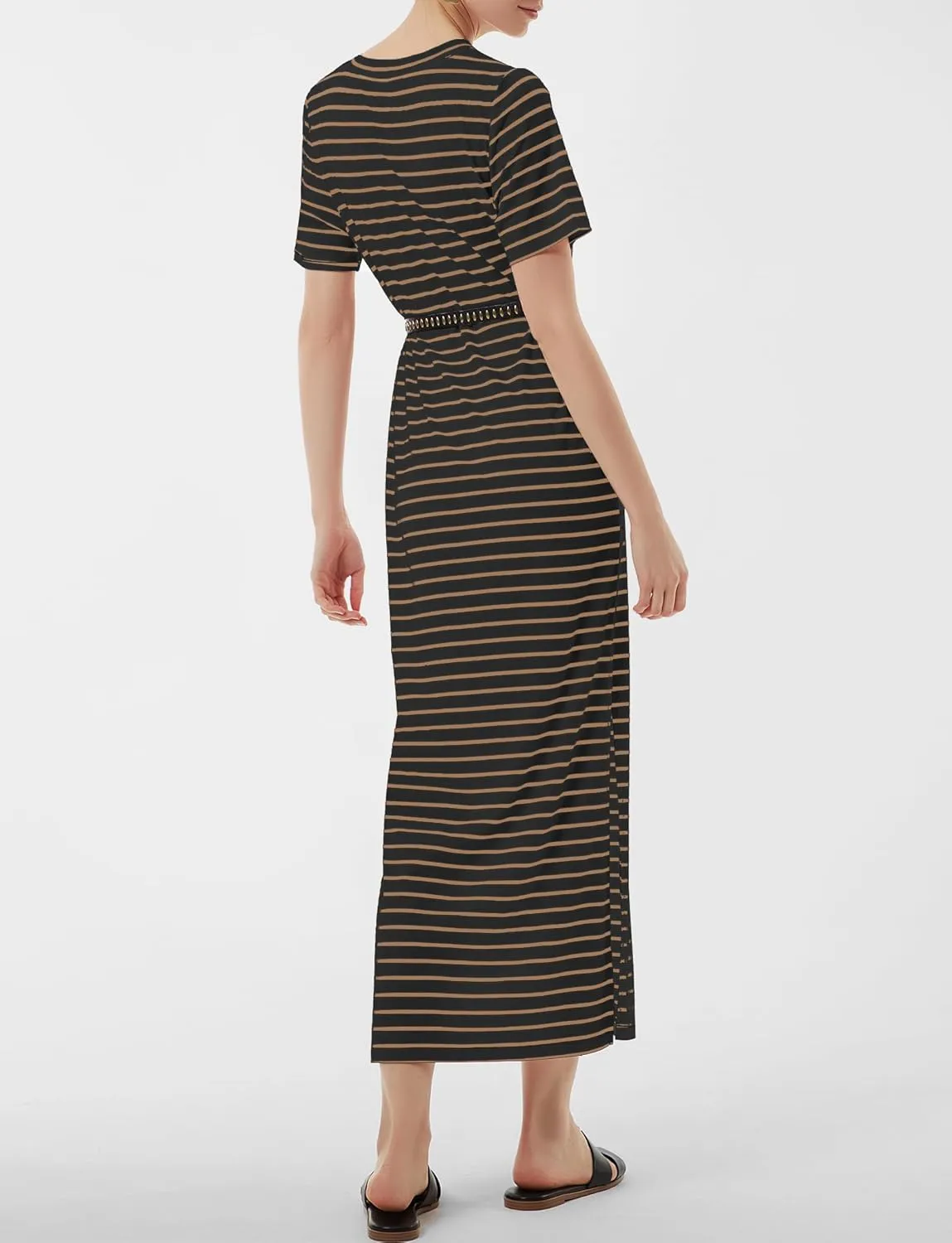 Women's Short Sleeve Double Split Maxi Dress 2025 Summer Casual Plain Striped Loose Long T Shirt Dresses