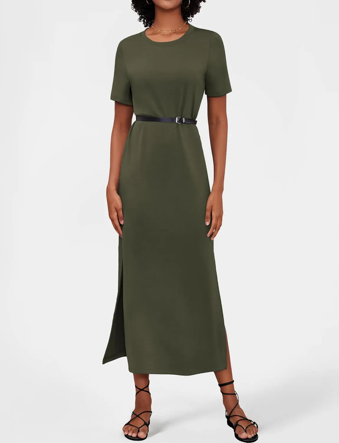 Women's Short Sleeve Double Split Maxi Dress 2025 Summer Casual Plain Striped Loose Long T Shirt Dresses