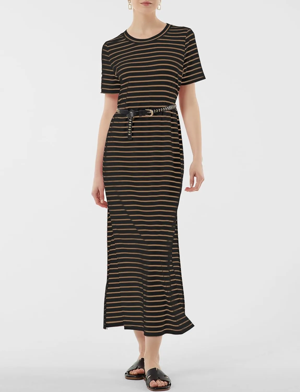 Women's Short Sleeve Double Split Maxi Dress 2025 Summer Casual Plain Striped Loose Long T Shirt Dresses