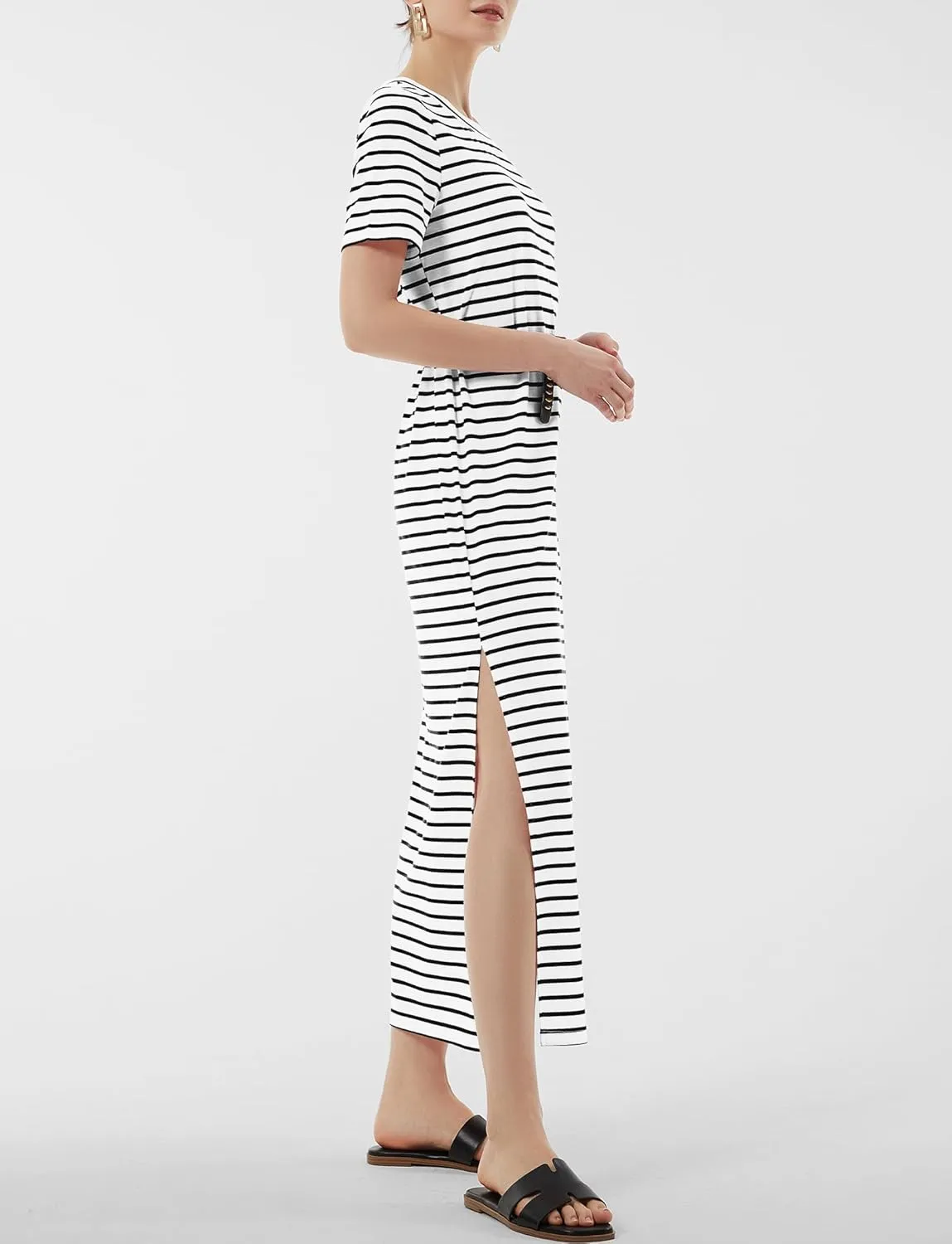 Women's Short Sleeve Double Split Maxi Dress 2025 Summer Casual Plain Striped Loose Long T Shirt Dresses