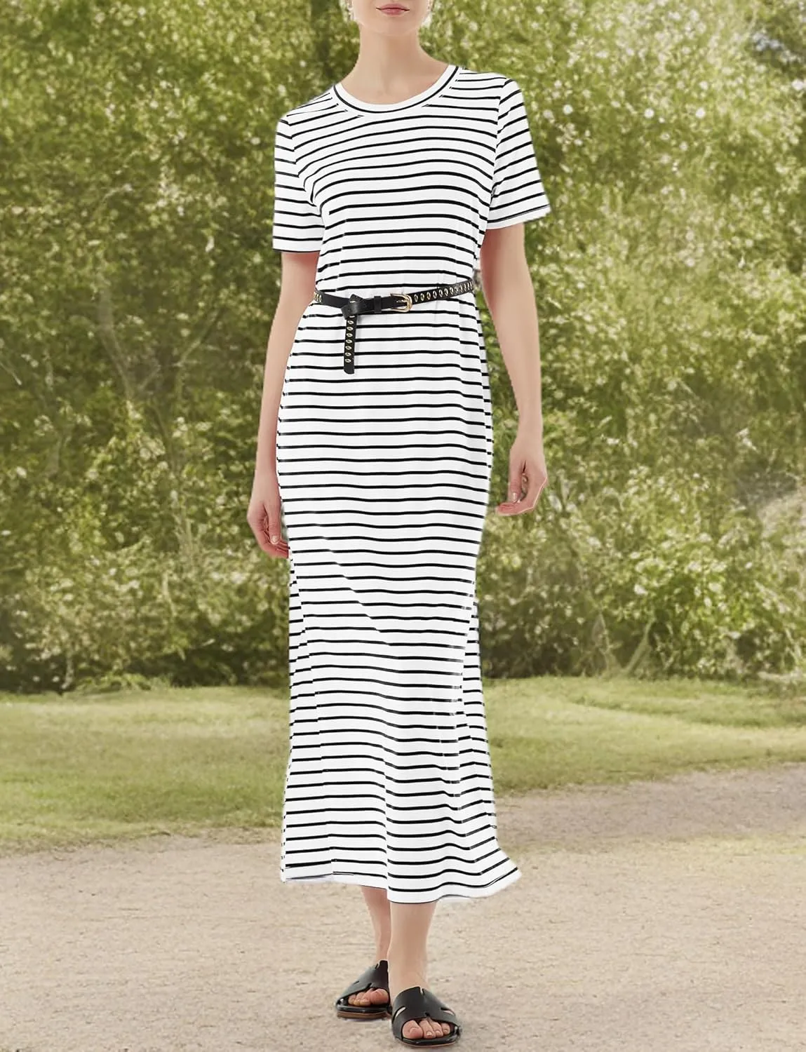 Women's Short Sleeve Double Split Maxi Dress 2025 Summer Casual Plain Striped Loose Long T Shirt Dresses