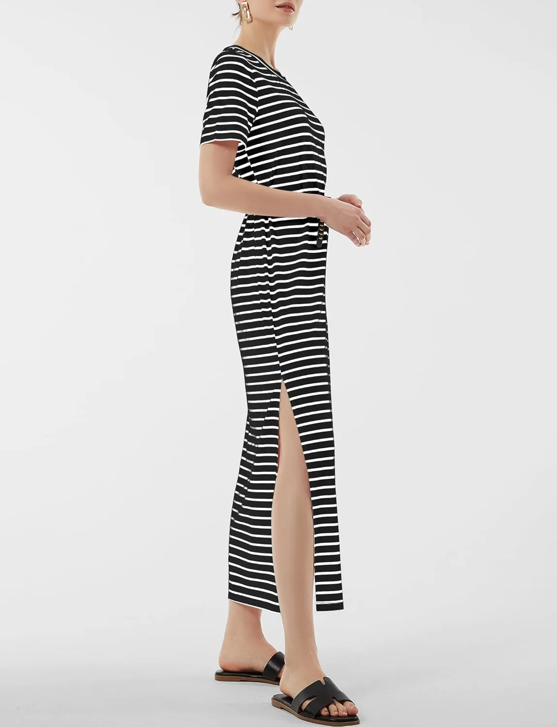 Women's Short Sleeve Double Split Maxi Dress 2025 Summer Casual Plain Striped Loose Long T Shirt Dresses