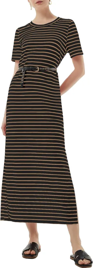 Women's Short Sleeve Double Split Maxi Dress 2025 Summer Casual Plain Striped Loose Long T Shirt Dresses