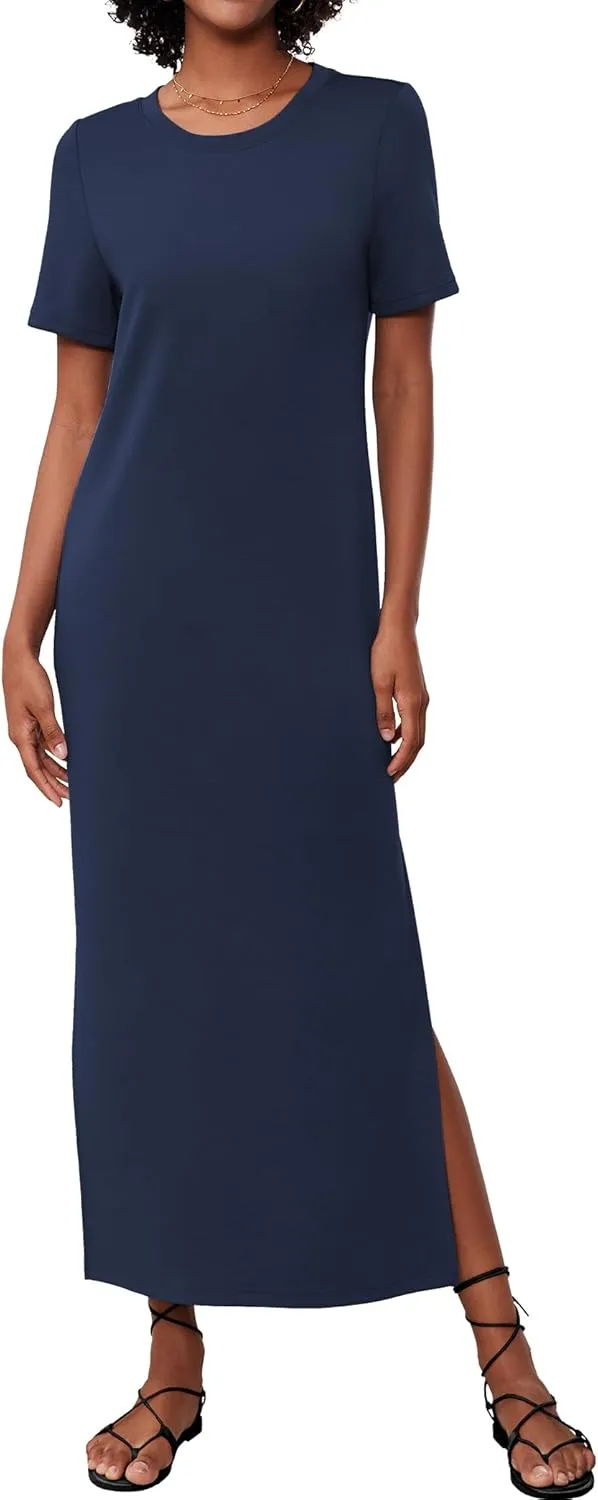 Women's Short Sleeve Double Split Maxi Dress 2025 Summer Casual Plain Striped Loose Long T Shirt Dresses