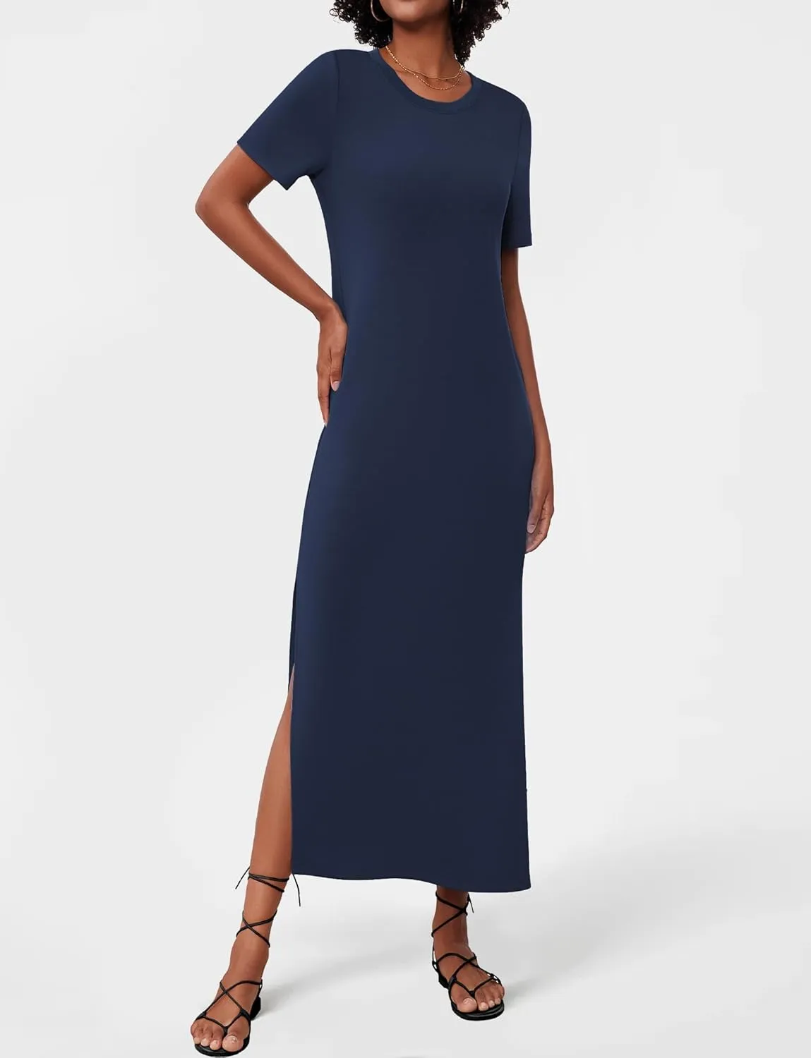 Women's Short Sleeve Double Split Maxi Dress 2025 Summer Casual Plain Striped Loose Long T Shirt Dresses