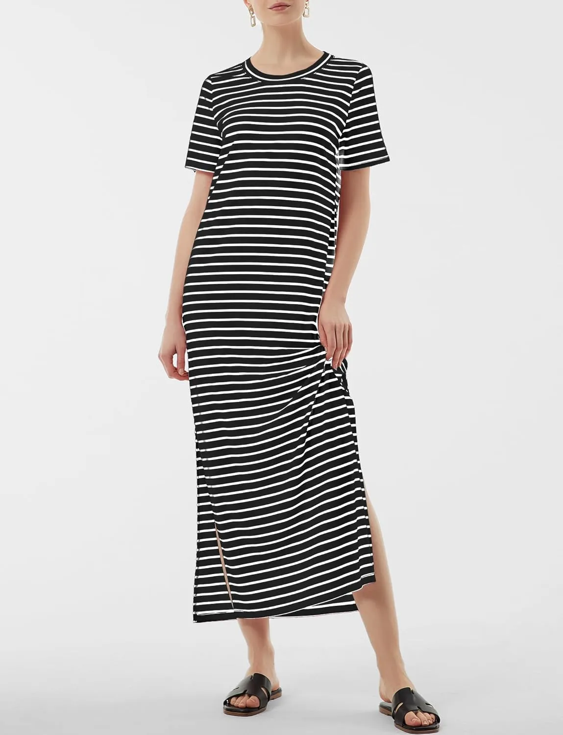 Women's Short Sleeve Double Split Maxi Dress 2025 Summer Casual Plain Striped Loose Long T Shirt Dresses