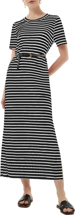 Women's Short Sleeve Double Split Maxi Dress 2025 Summer Casual Plain Striped Loose Long T Shirt Dresses