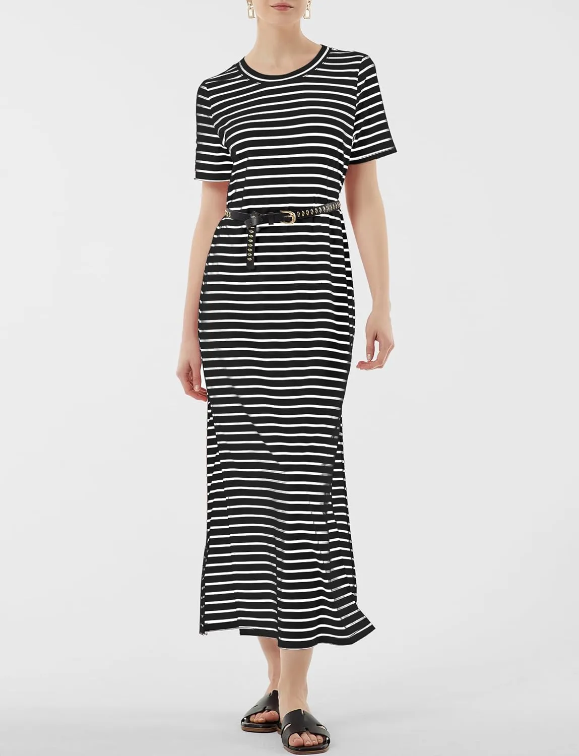 Women's Short Sleeve Double Split Maxi Dress 2025 Summer Casual Plain Striped Loose Long T Shirt Dresses