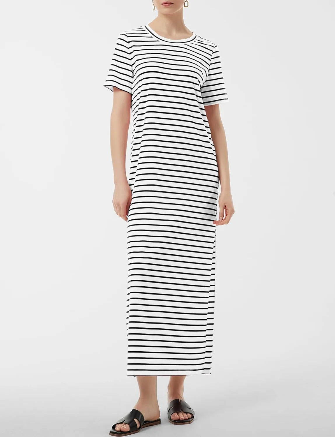 Women's Short Sleeve Double Split Maxi Dress 2025 Summer Casual Plain Striped Loose Long T Shirt Dresses