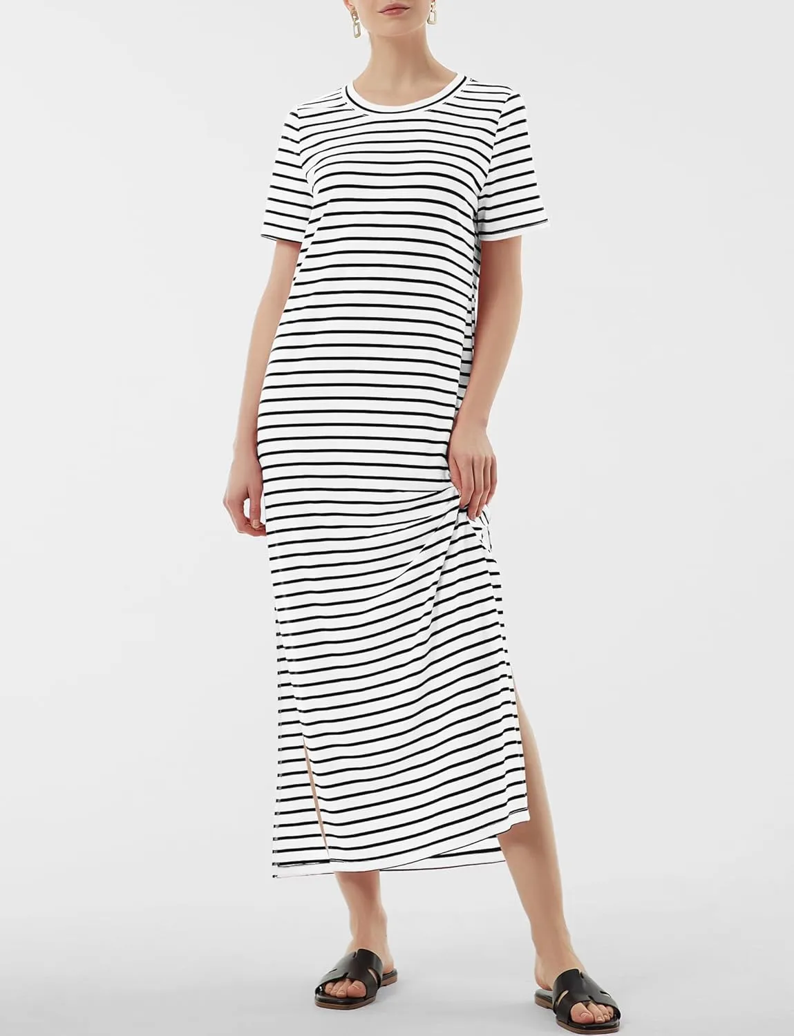 Women's Short Sleeve Double Split Maxi Dress 2025 Summer Casual Plain Striped Loose Long T Shirt Dresses