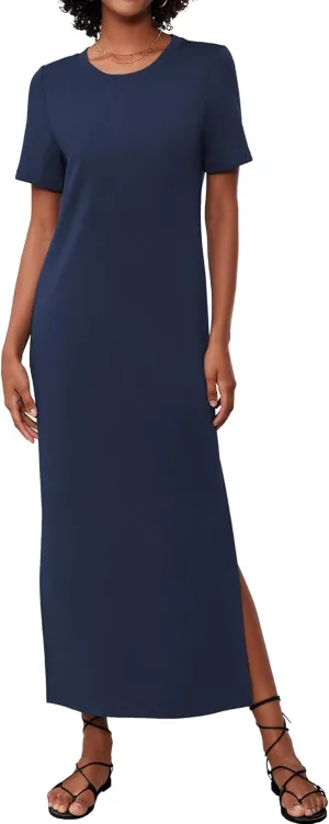 Women's Short Sleeve Double Split Maxi Dress 2025 Summer Casual Plain Striped Loose Long T Shirt Dresses