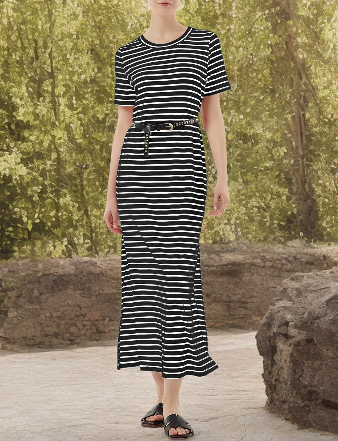 Women's Short Sleeve Double Split Maxi Dress 2025 Summer Casual Plain Striped Loose Long T Shirt Dresses