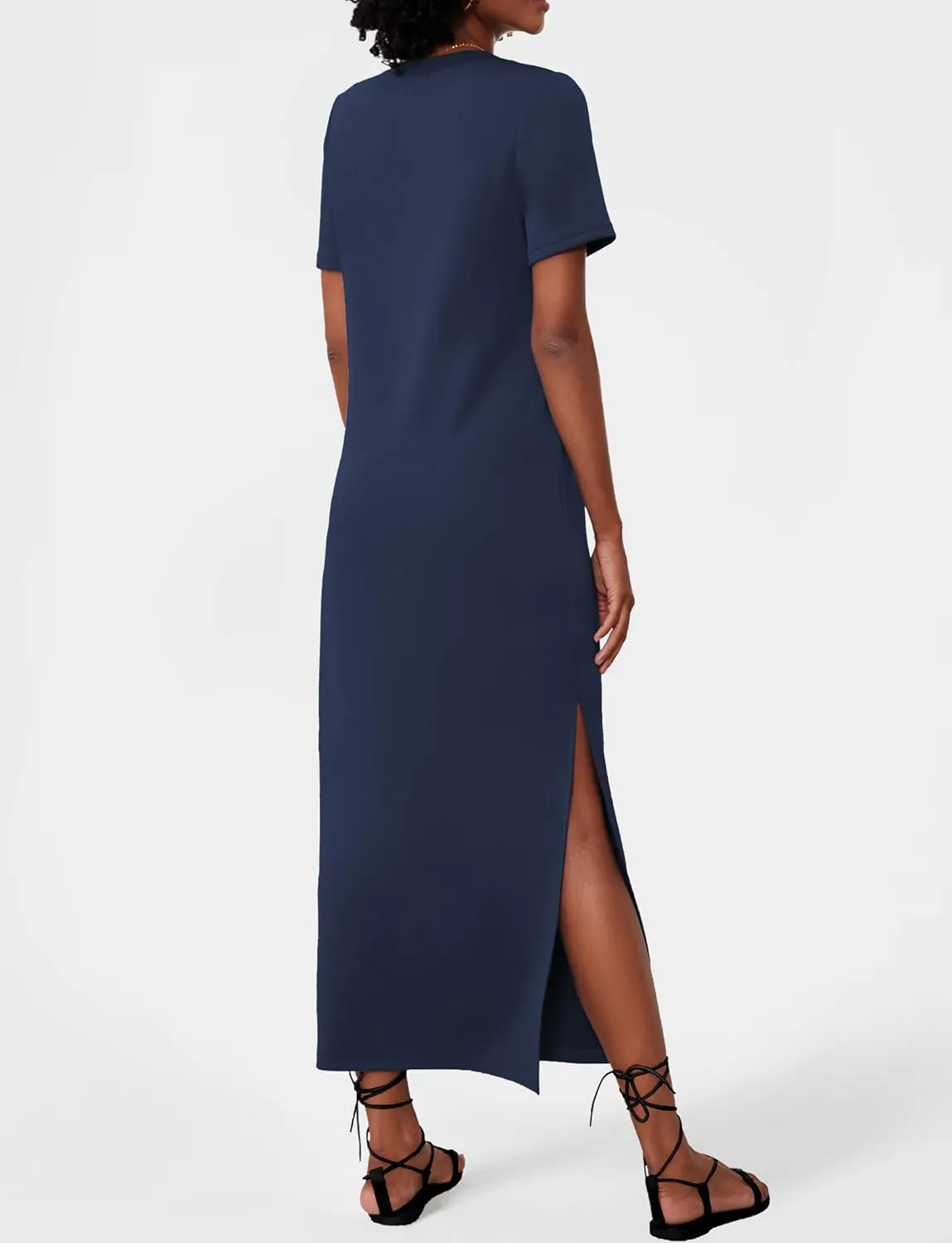 Women's Short Sleeve Double Split Maxi Dress 2025 Summer Casual Plain Striped Loose Long T Shirt Dresses