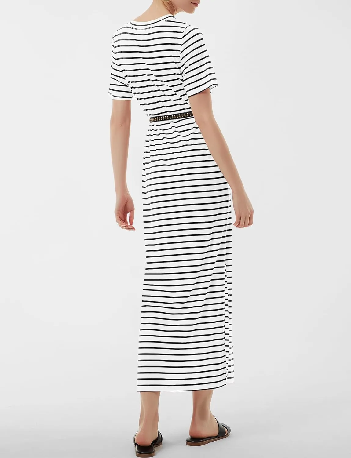 Women's Short Sleeve Double Split Maxi Dress 2025 Summer Casual Plain Striped Loose Long T Shirt Dresses