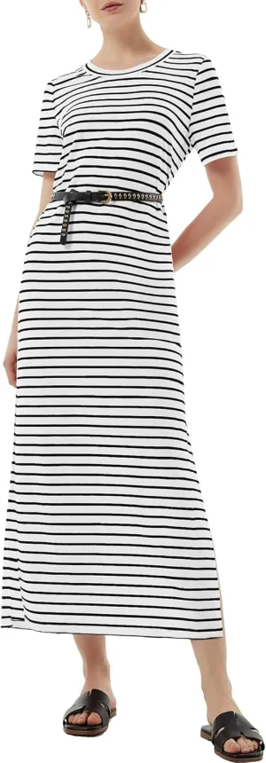 Women's Short Sleeve Double Split Maxi Dress 2025 Summer Casual Plain Striped Loose Long T Shirt Dresses