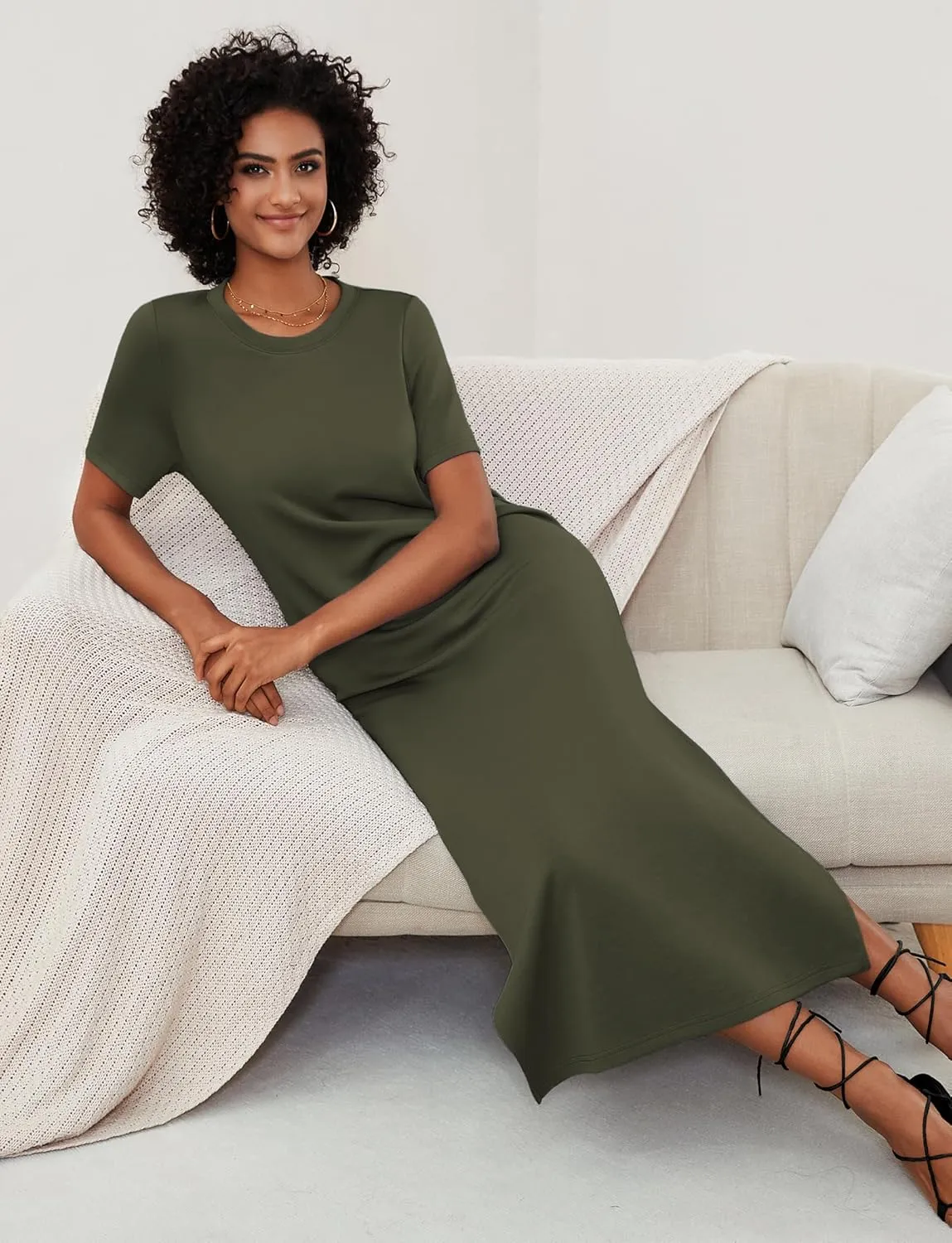 Women's Short Sleeve Double Split Maxi Dress 2025 Summer Casual Plain Striped Loose Long T Shirt Dresses