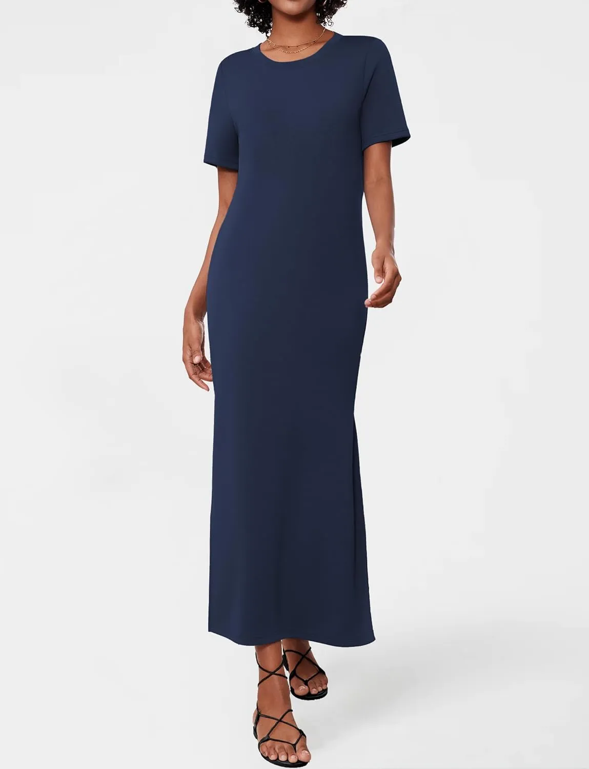Women's Short Sleeve Double Split Maxi Dress 2025 Summer Casual Plain Striped Loose Long T Shirt Dresses