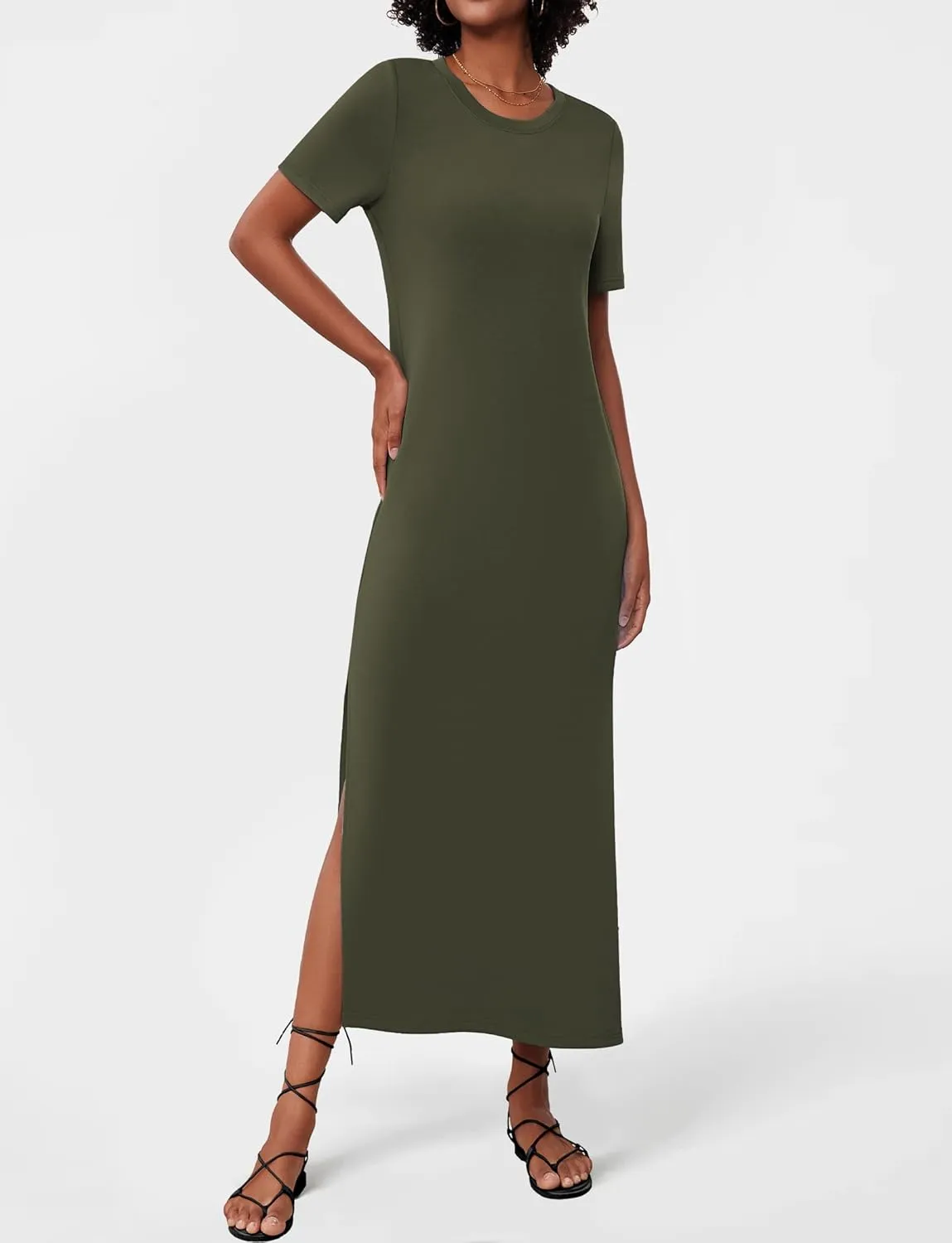 Women's Short Sleeve Double Split Maxi Dress 2025 Summer Casual Plain Striped Loose Long T Shirt Dresses