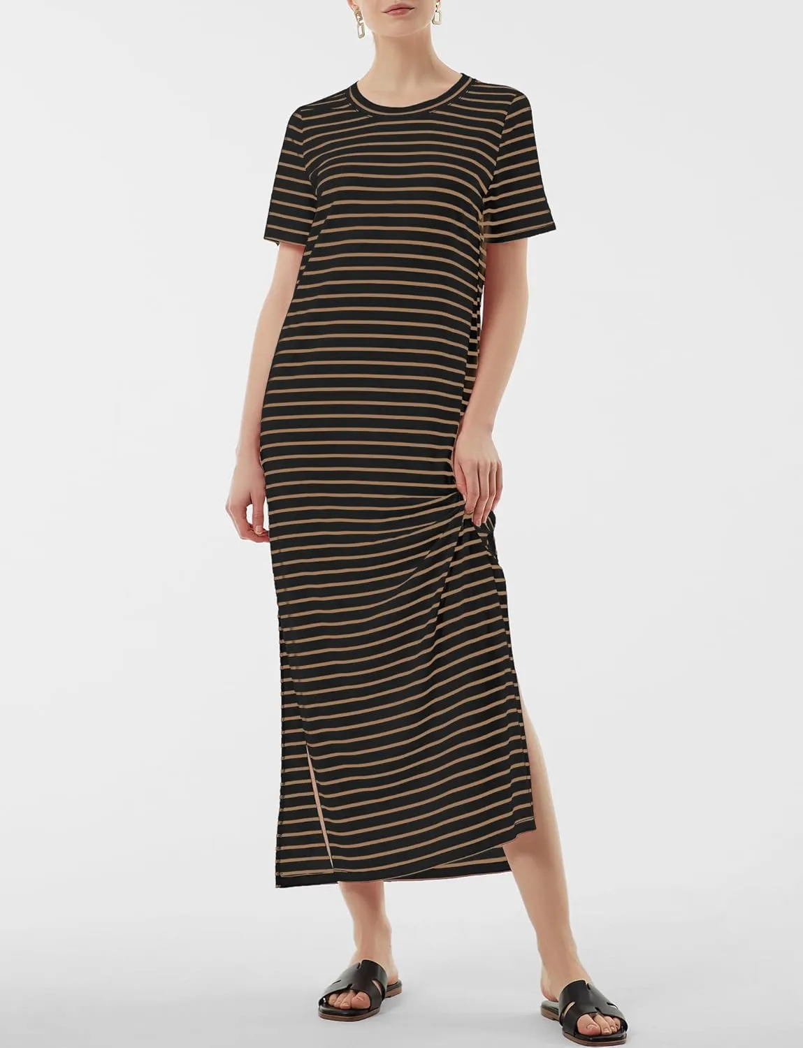 Women's Short Sleeve Double Split Maxi Dress 2025 Summer Casual Plain Striped Loose Long T Shirt Dresses