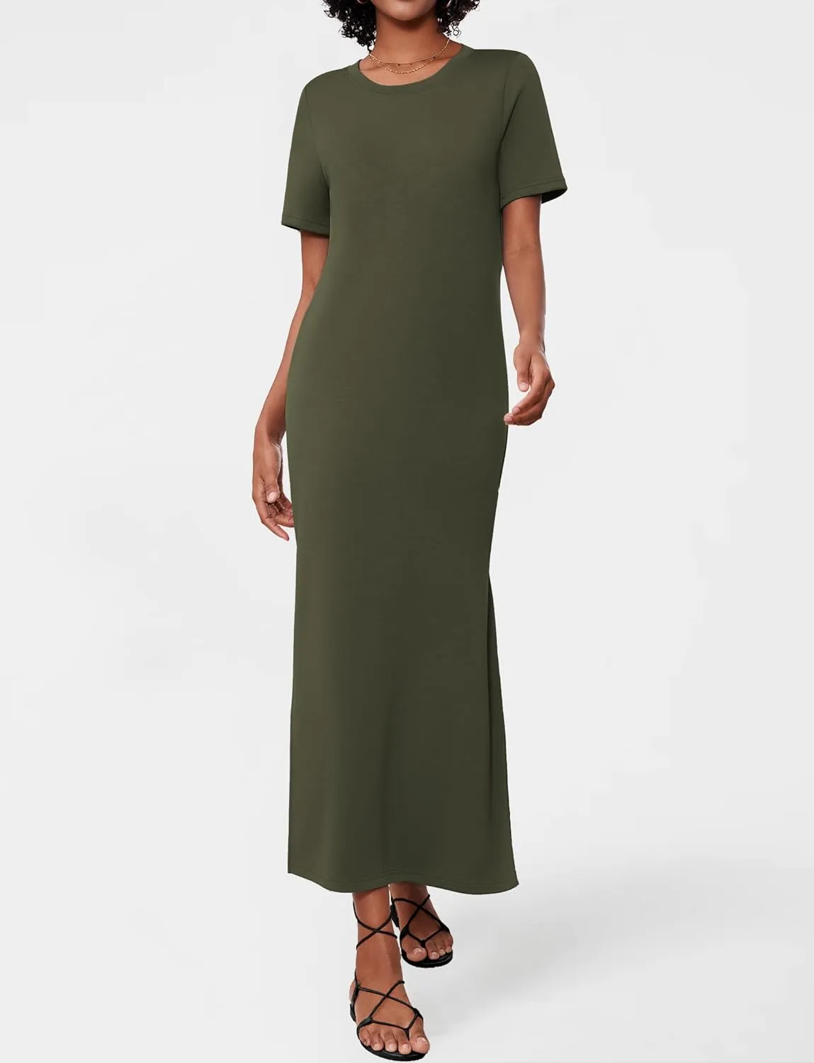 Women's Short Sleeve Double Split Maxi Dress 2025 Summer Casual Plain Striped Loose Long T Shirt Dresses