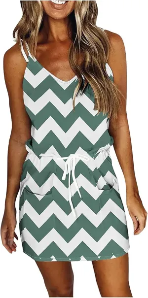 Womens Short Sleeve Summer Dresses Striped T Shirt Dresses Tie Waist Mini Dress Beach Vacation Outfits with Pockets