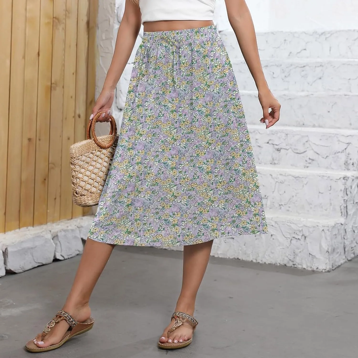 Womens Skirts Midi Length Boho Beach Vacation Flowy Floral Skirt Spring Casual Comfy High Waisted A Line Skirt