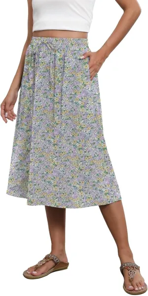 Womens Skirts Midi Length Boho Beach Vacation Flowy Floral Skirt Spring Casual Comfy High Waisted A Line Skirt