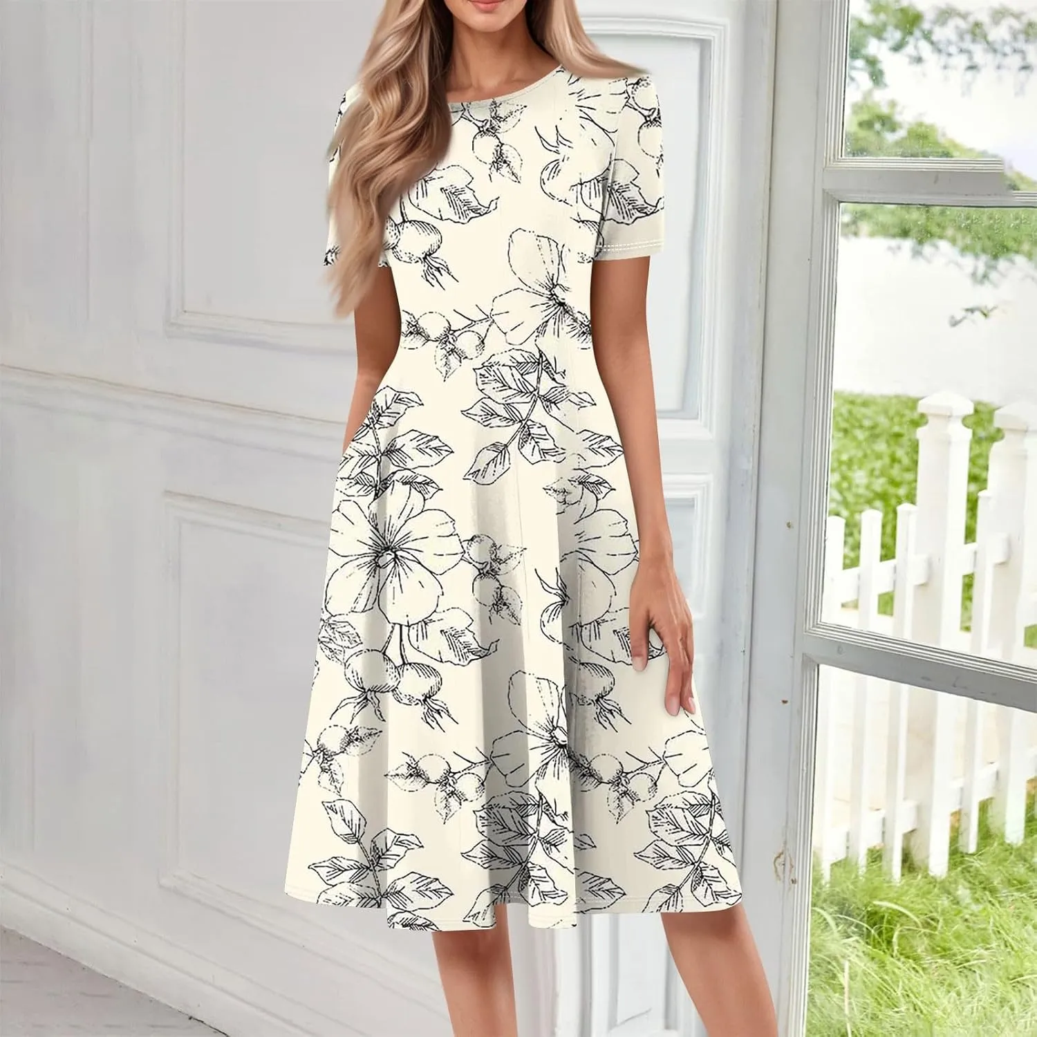 Womens Spring Dress Casual Short Sleeve Midi Dresses Round Neck Floral Print Pleated A Line Boho Flowy Beach Sundress
