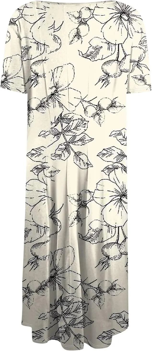 Womens Spring Dress Casual Short Sleeve Midi Dresses Round Neck Floral Print Pleated A Line Boho Flowy Beach Sundress