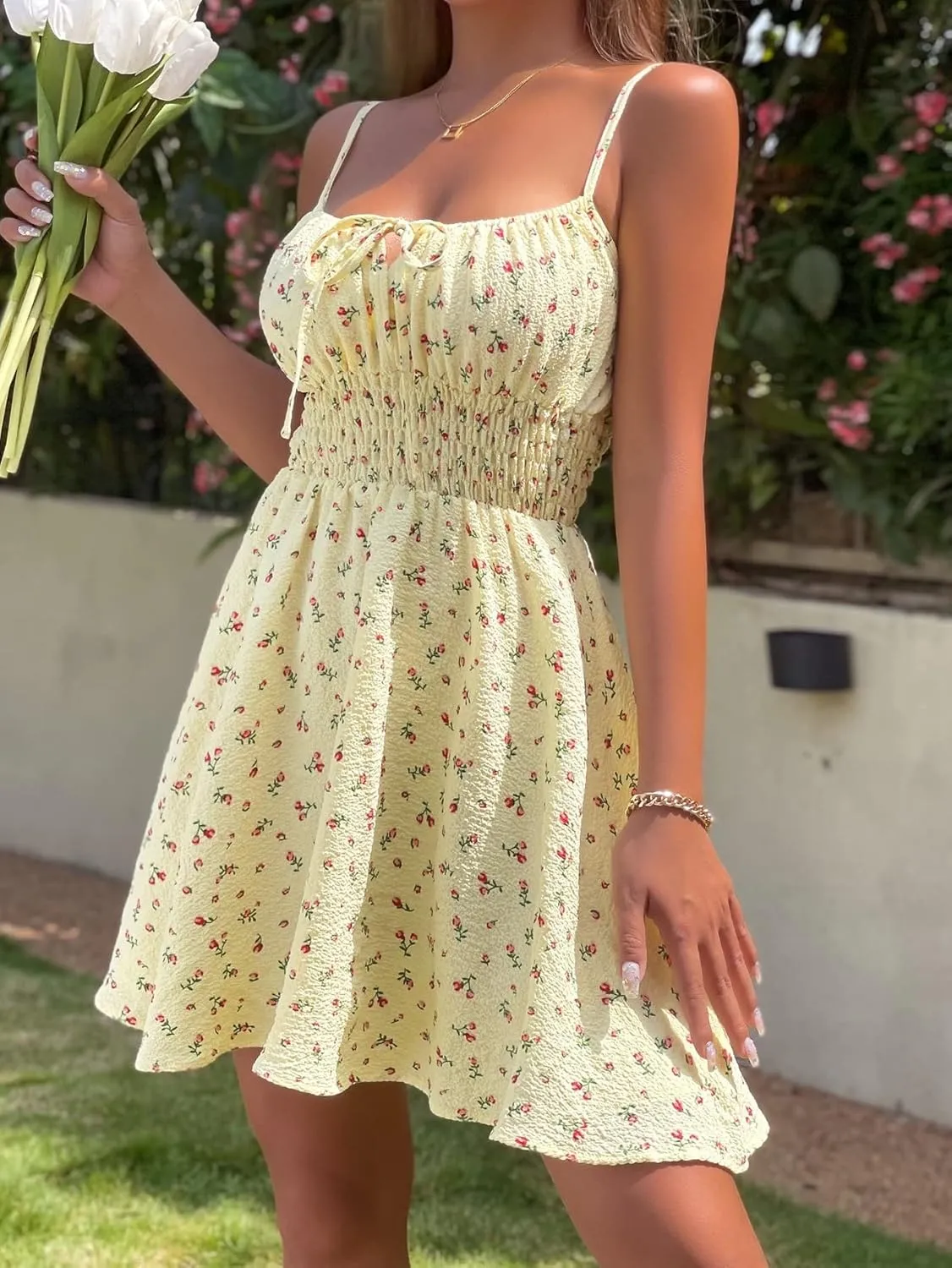 Women's Spring Summer 2023 Boho Mini Short Dress Spaghetti Strap Floral Shirred Waist Tie Front Cami Dress