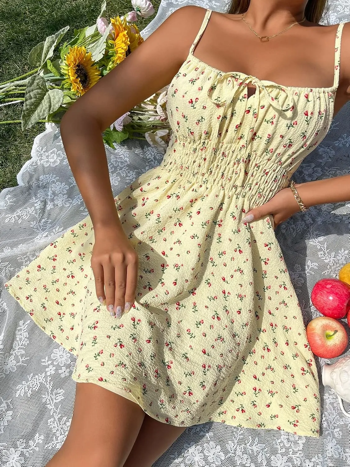 Women's Spring Summer 2023 Boho Mini Short Dress Spaghetti Strap Floral Shirred Waist Tie Front Cami Dress