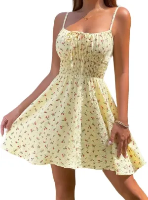 Women's Spring Summer 2023 Boho Mini Short Dress Spaghetti Strap Floral Shirred Waist Tie Front Cami Dress