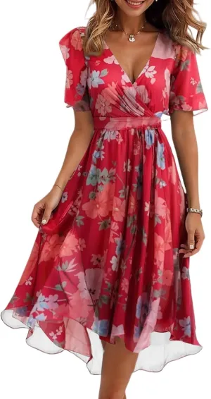 Women's Spring Summer 2025 Floral Midi Dress A Line Chiffon Boho Casual Short Sleeve Long Beach Dresses Red M