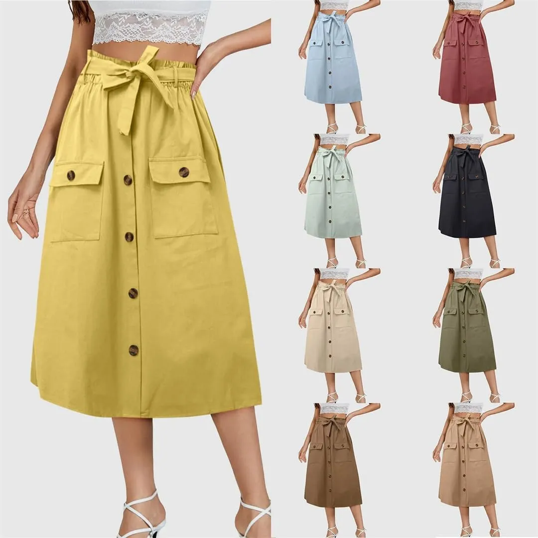 Womens Summer Autumn Skirts Midi Knee Length Button High Waist Skirt Female Pleated School Skirt with Pocket