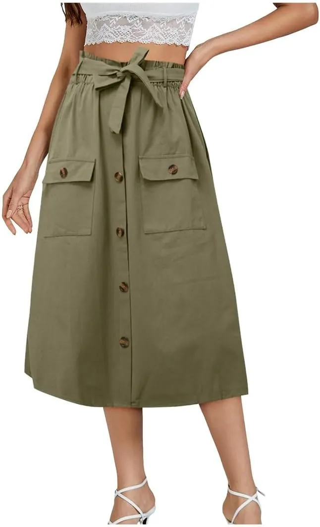 Womens Summer Autumn Skirts Midi Knee Length Button High Waist Skirt Female Pleated School Skirt with Pocket