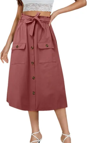 Womens Summer Autumn Skirts Midi Knee Length Button High Waist Skirt Female Pleated School Skirt with Pocket