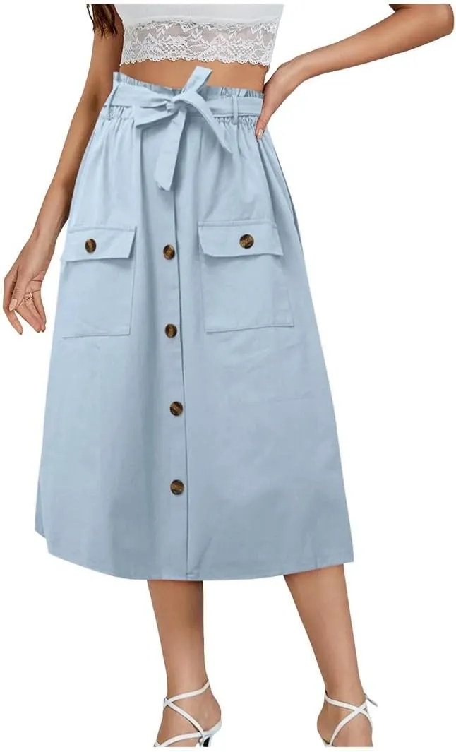 Womens Summer Autumn Skirts Midi Knee Length Button High Waist Skirt Female Pleated School Skirt with Pocket