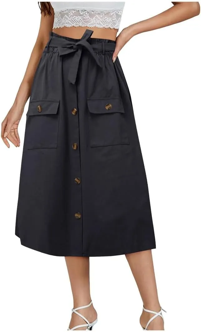 Womens Summer Autumn Skirts Midi Knee Length Button High Waist Skirt Female Pleated School Skirt with Pocket
