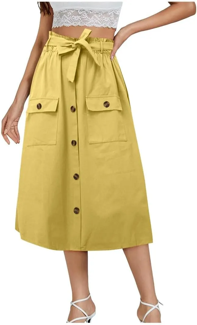 Womens Summer Autumn Skirts Midi Knee Length Button High Waist Skirt Female Pleated School Skirt with Pocket