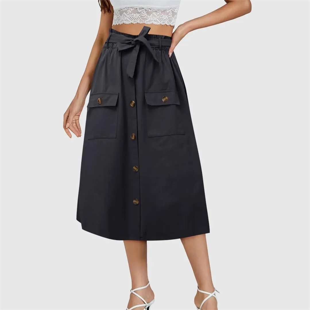 Womens Summer Autumn Skirts Midi Knee Length Button High Waist Skirt Female Pleated School Skirt with Pocket