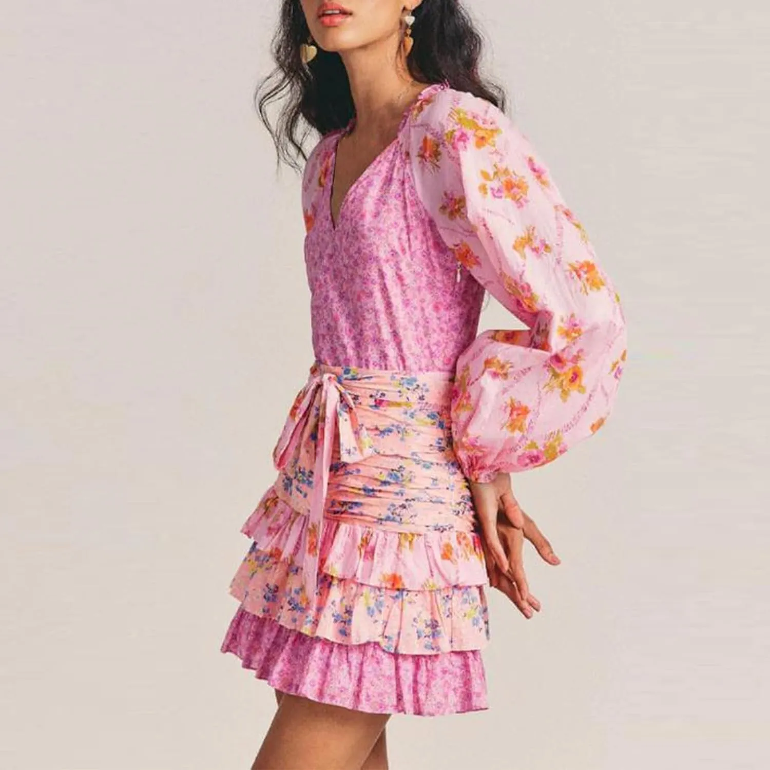 Womens Summer Boho Floral Short Dress V Neck Puff Long Sleeve Layered Hem Ruffle A Line Patchwork Casual Belt Mini Sun Dress