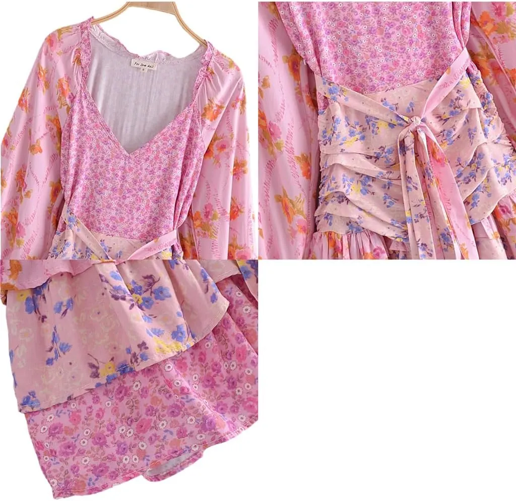 Womens Summer Boho Floral Short Dress V Neck Puff Long Sleeve Layered Hem Ruffle A Line Patchwork Casual Belt Mini Sun Dress