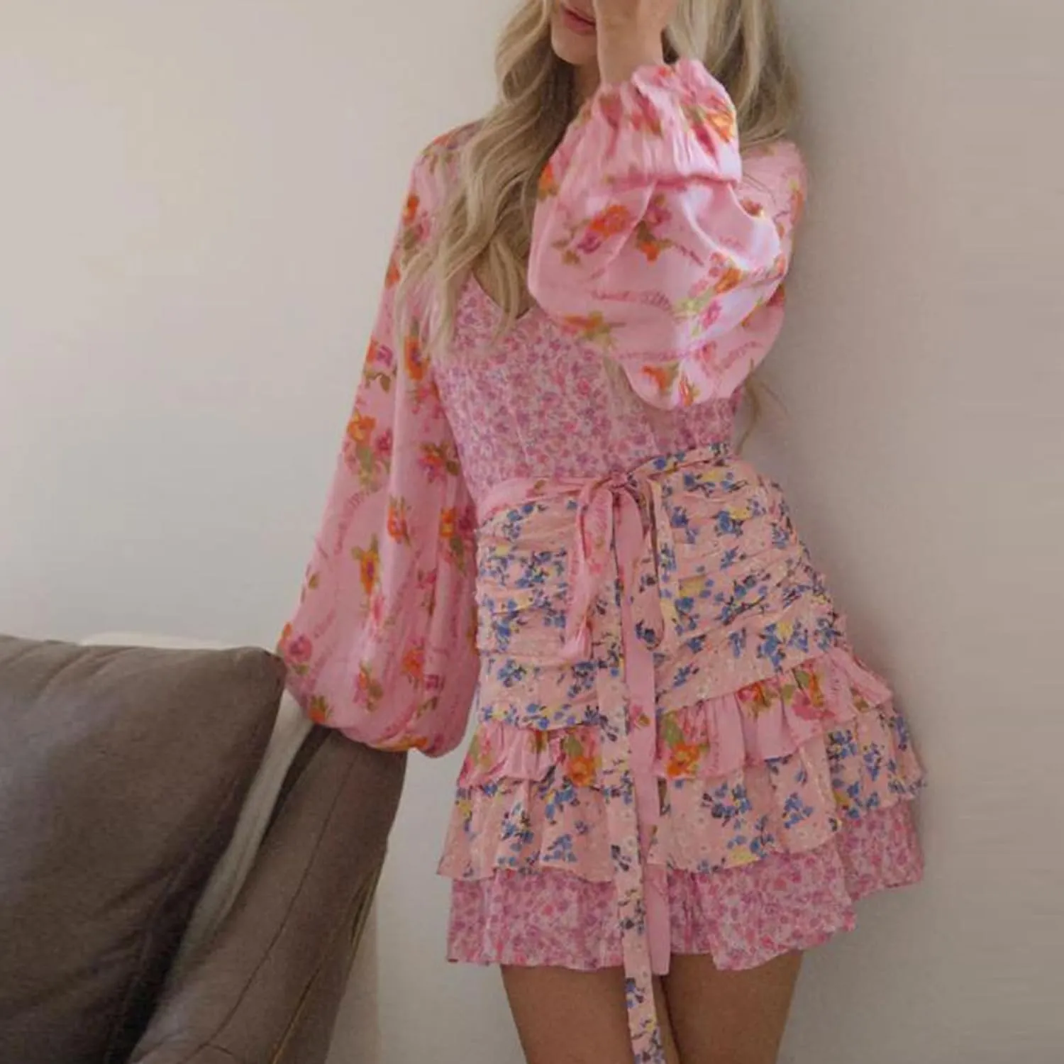 Womens Summer Boho Floral Short Dress V Neck Puff Long Sleeve Layered Hem Ruffle A Line Patchwork Casual Belt Mini Sun Dress