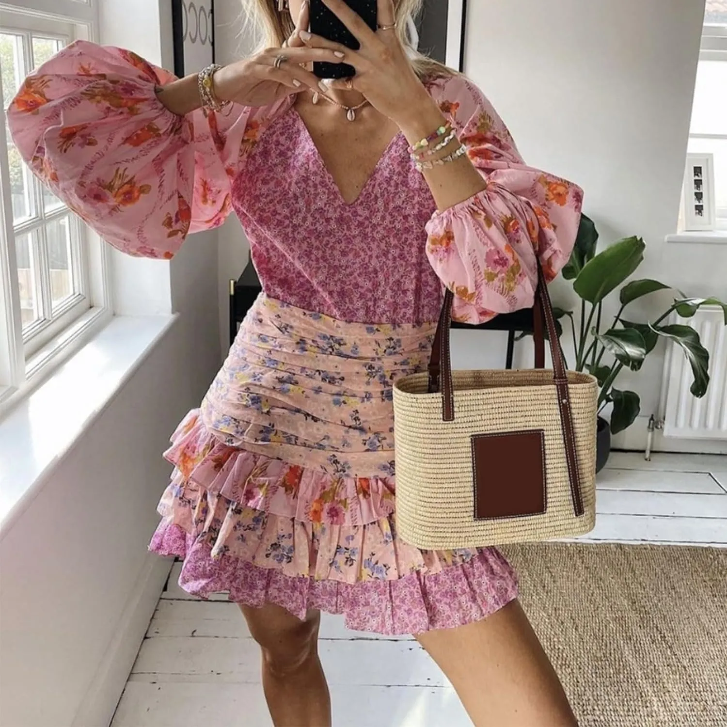 Womens Summer Boho Floral Short Dress V Neck Puff Long Sleeve Layered Hem Ruffle A Line Patchwork Casual Belt Mini Sun Dress