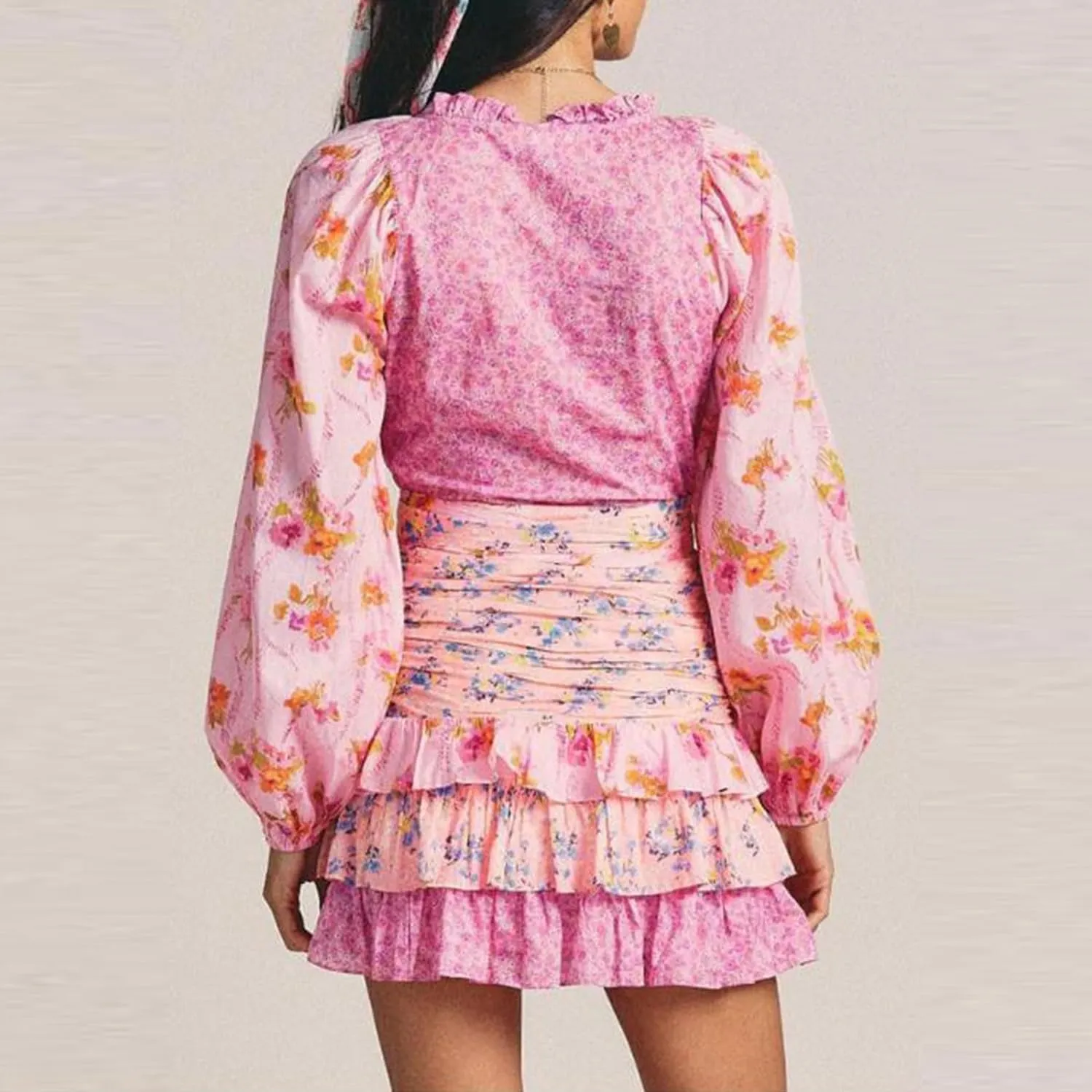 Womens Summer Boho Floral Short Dress V Neck Puff Long Sleeve Layered Hem Ruffle A Line Patchwork Casual Belt Mini Sun Dress