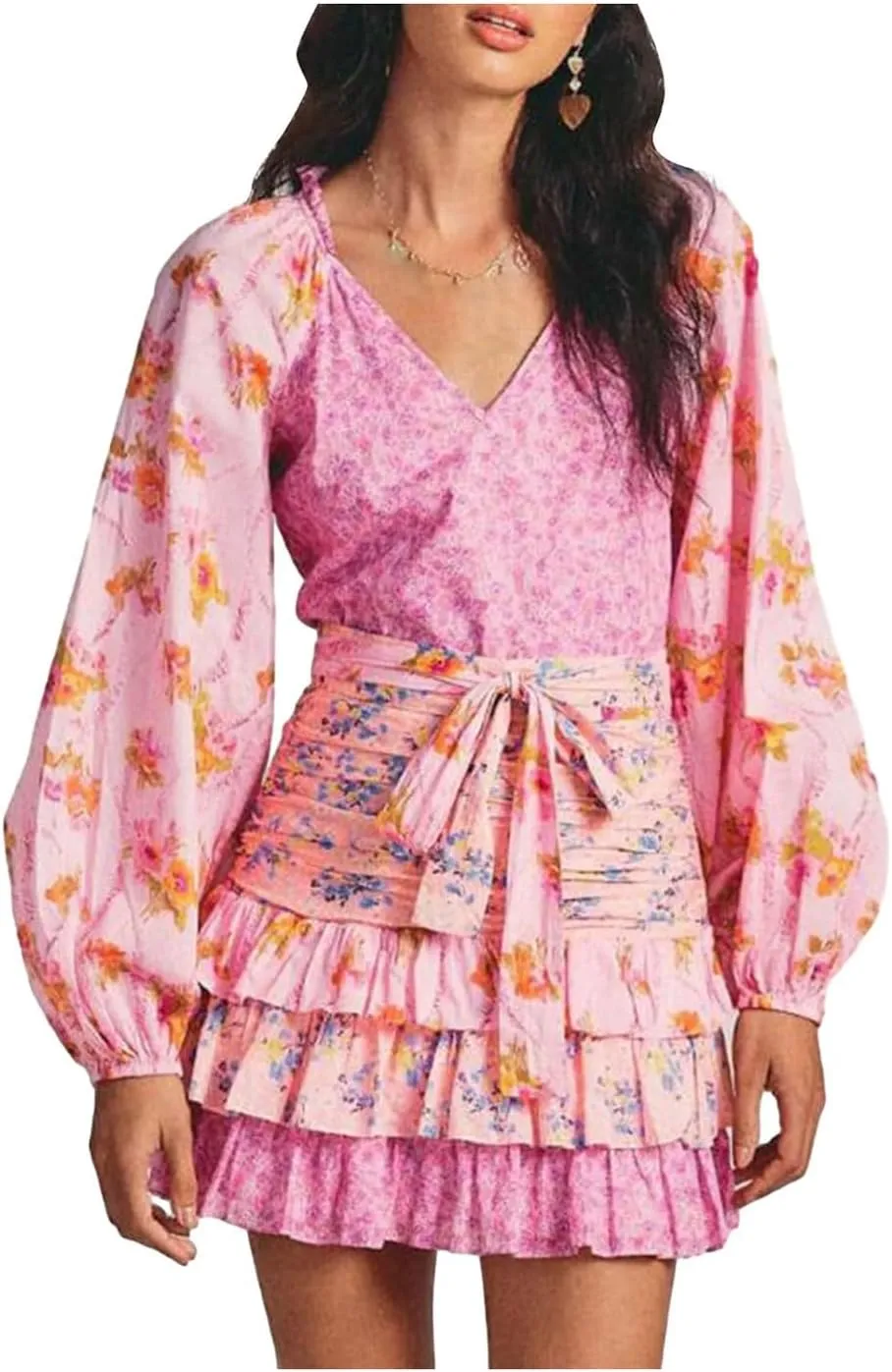 Womens Summer Boho Floral Short Dress V Neck Puff Long Sleeve Layered Hem Ruffle A Line Patchwork Casual Belt Mini Sun Dress