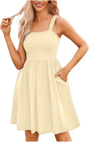 Women's Summer Casual Dresses High Waisted Spaghetti Strap Sleeveless T-Shirt Dresses Ruffle A Line Swing Mini Dress