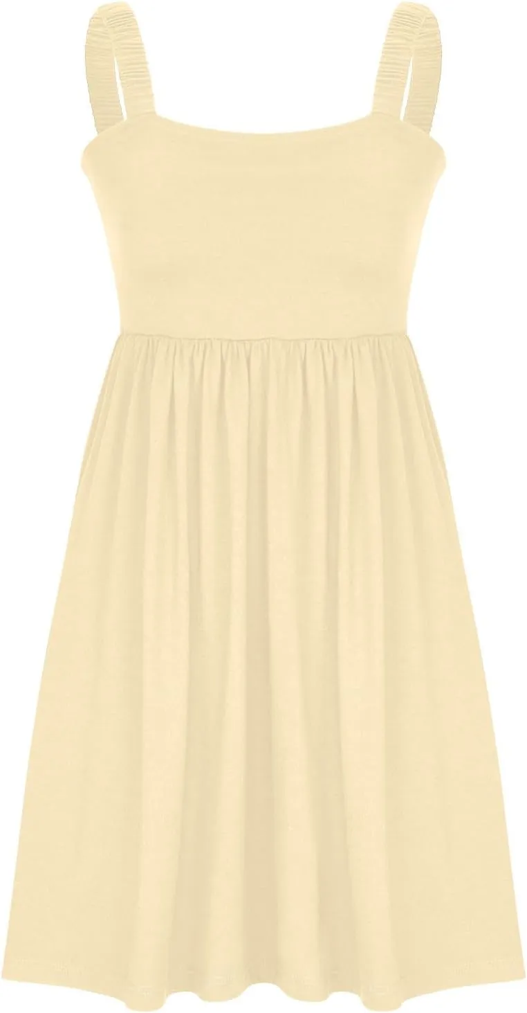Women's Summer Casual Dresses High Waisted Spaghetti Strap Sleeveless T-Shirt Dresses Ruffle A Line Swing Mini Dress