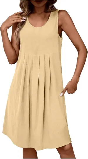 Women's Summer Cotton Linen Dress Casual Sleeveless Pleated Loose Sundress Fashion Solid Color Lounge Holiday Dress